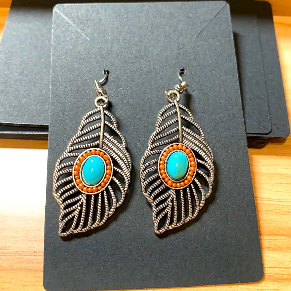 “Your Name Here” silver feather and turquoise bead earrings
